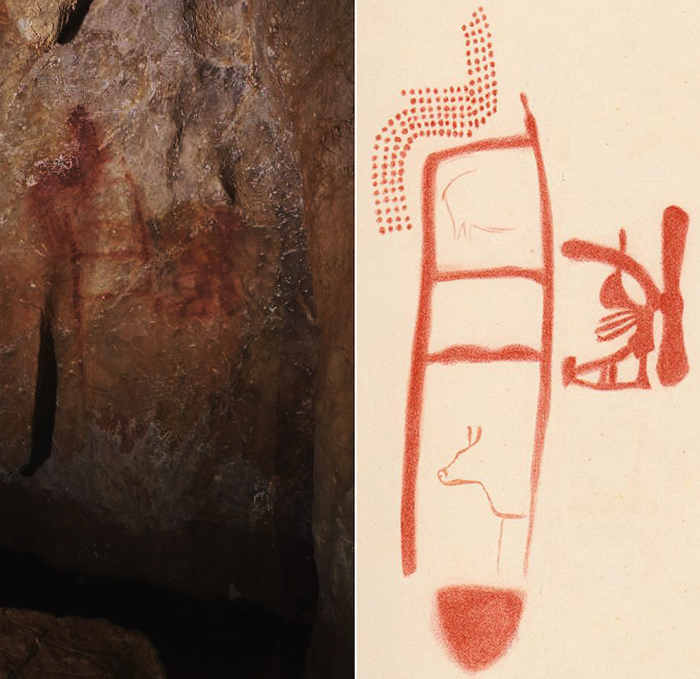 the ladder-like painting in the La Pasiega cave. Animals, visible in a rendering made by Breuil in 1913, right, are thought to have been added later by modern humans