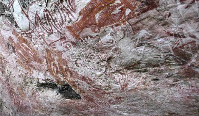Rock art of Australia being removed by feral animals rubbing against the wall.