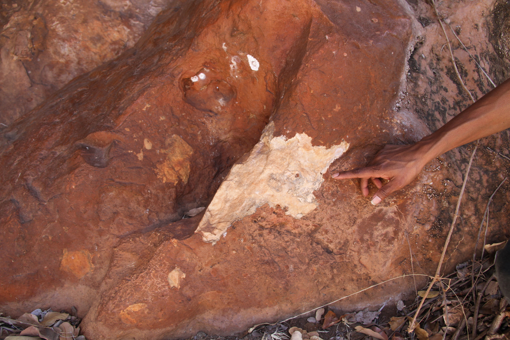 Recent damage by miners below rock paintings and engravings at a rock art site in Chillagoe, Queensland.