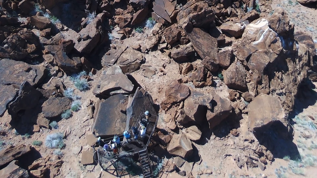 Drone over the rock art and petroglyph engravings of Twyfelfontein in Namibia, Africa