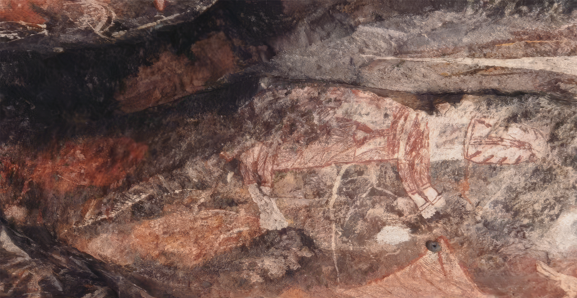 Red and white painting of a thylacine, Main Gallery, Injalak Hill