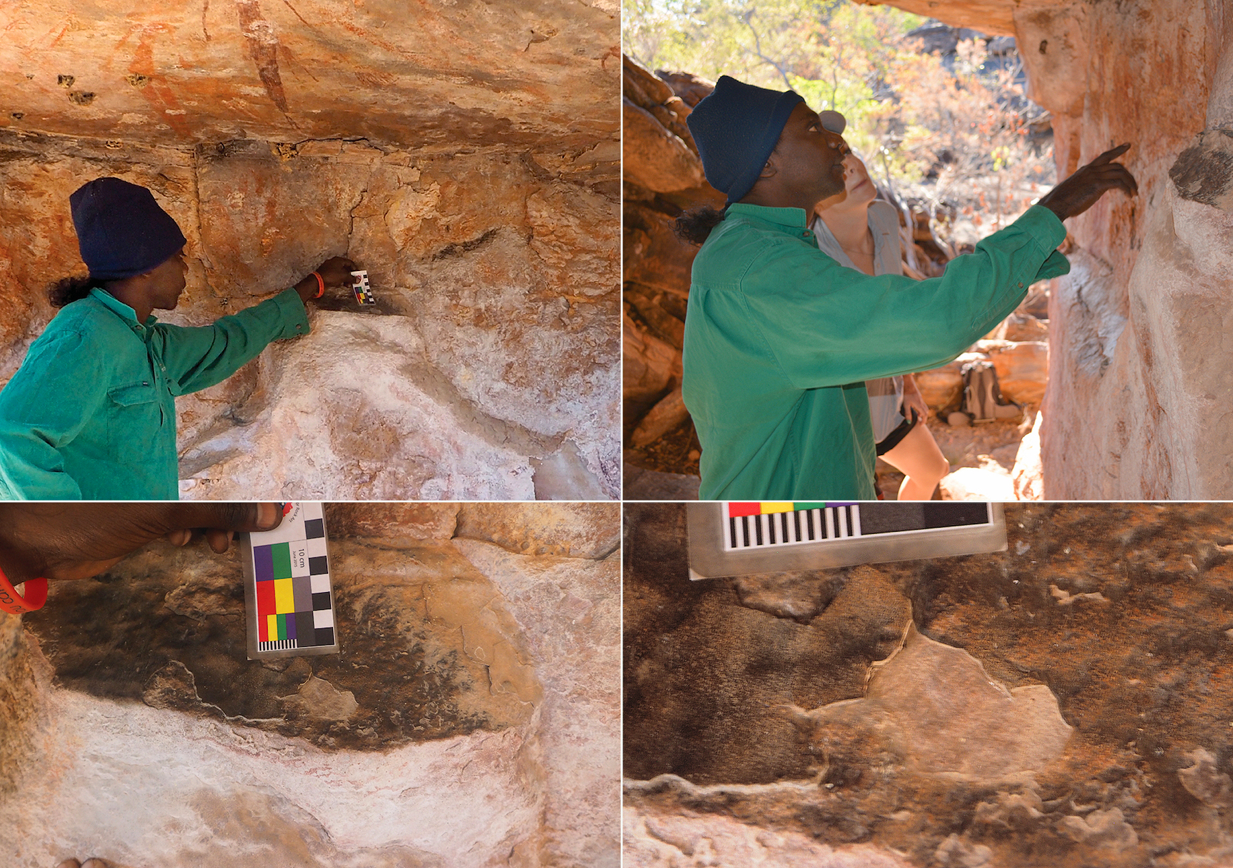 Balanggarra Traditional owner Ian Waina collecting samples of glaze coating with Dr Helen Green