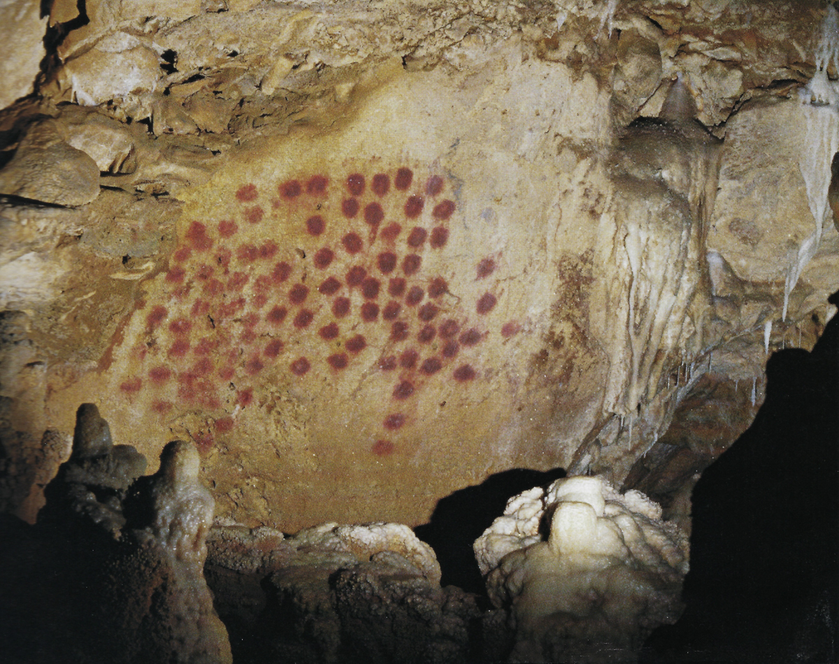 Panel of large red dots Brunel Chamber Chauvet cave paintings France Aurignacian