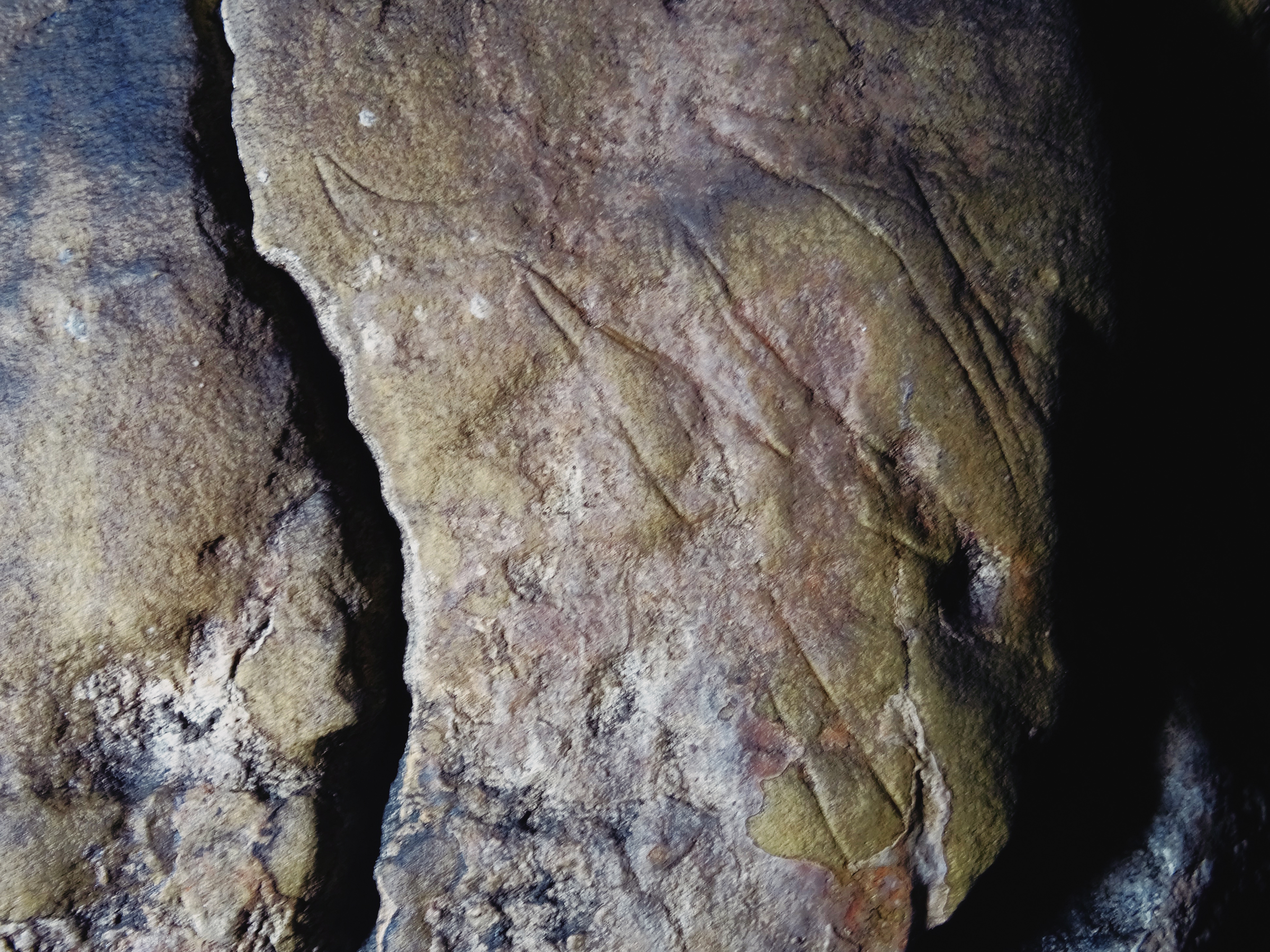 Panel C. Raw images showing a curvilinear haematite spread, probably the result of the application of an applied haematite.  Note, the change in colour hue [from deep red (L) to crimson (R)], suggests the formation of a calcite flow over the two engravings.