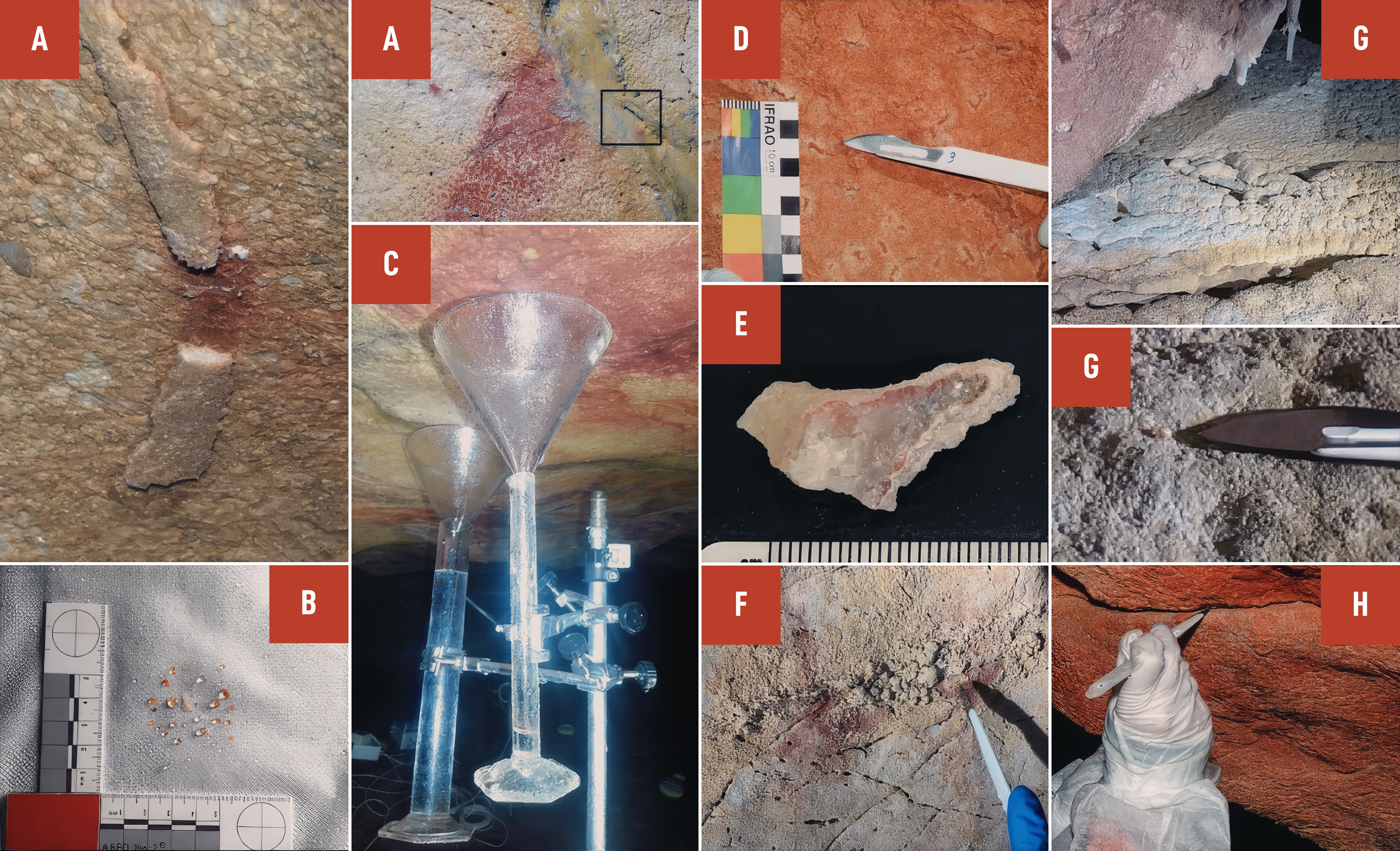 Different methodological approaches for pigment collection are illustrated. a Scalpel collection of calcite, b Tyvek gauze collection, c Funnel collection, d Scalpel collection from a wall protuberance, e Crust sample collection for dating, f Removal of a calcite nodule with scalpel, g Scalpel collection from the ground, h Scalpel collection from a rock fissure