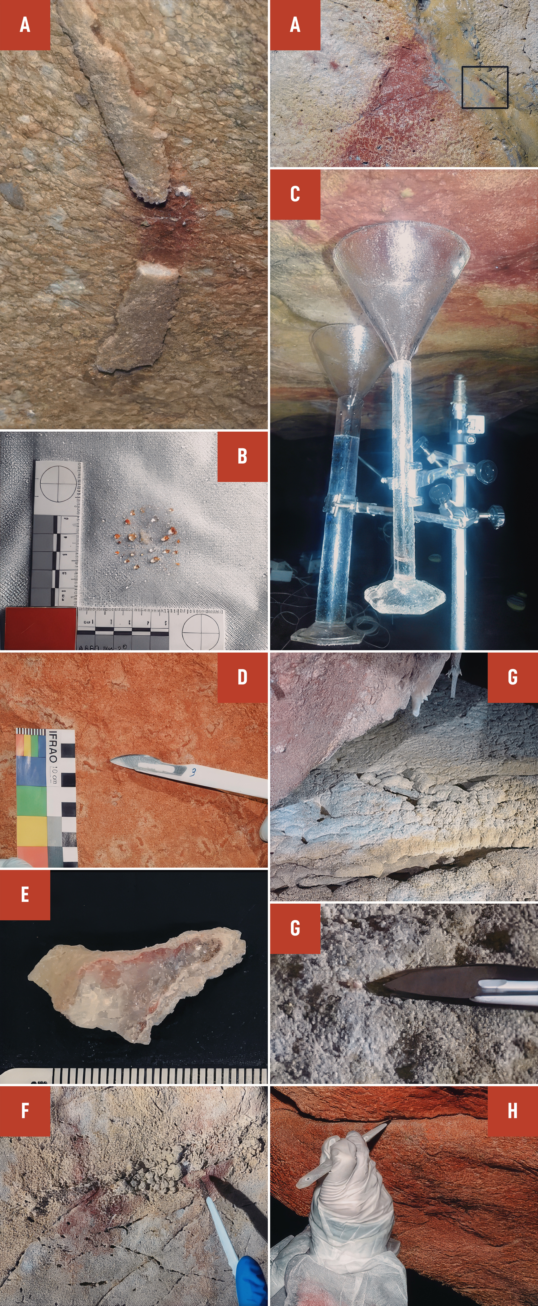 Different methodological approaches for pigment collection are illustrated. a Scalpel collection of calcite, b Tyvek gauze collection, c Funnel collection, d Scalpel collection from a wall protuberance, e Crust sample collection for dating, f Removal of a calcite nodule with scalpel, g Scalpel collection from the ground, h Scalpel collection from a rock fissure