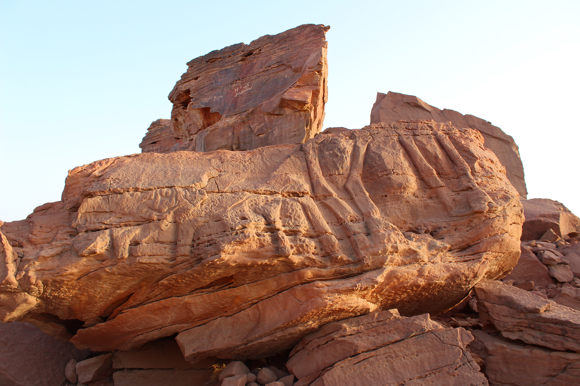 Upside down panel on fallen boulder with legs of 2 large camels as well as two small camels in low reliefs (centre left)
