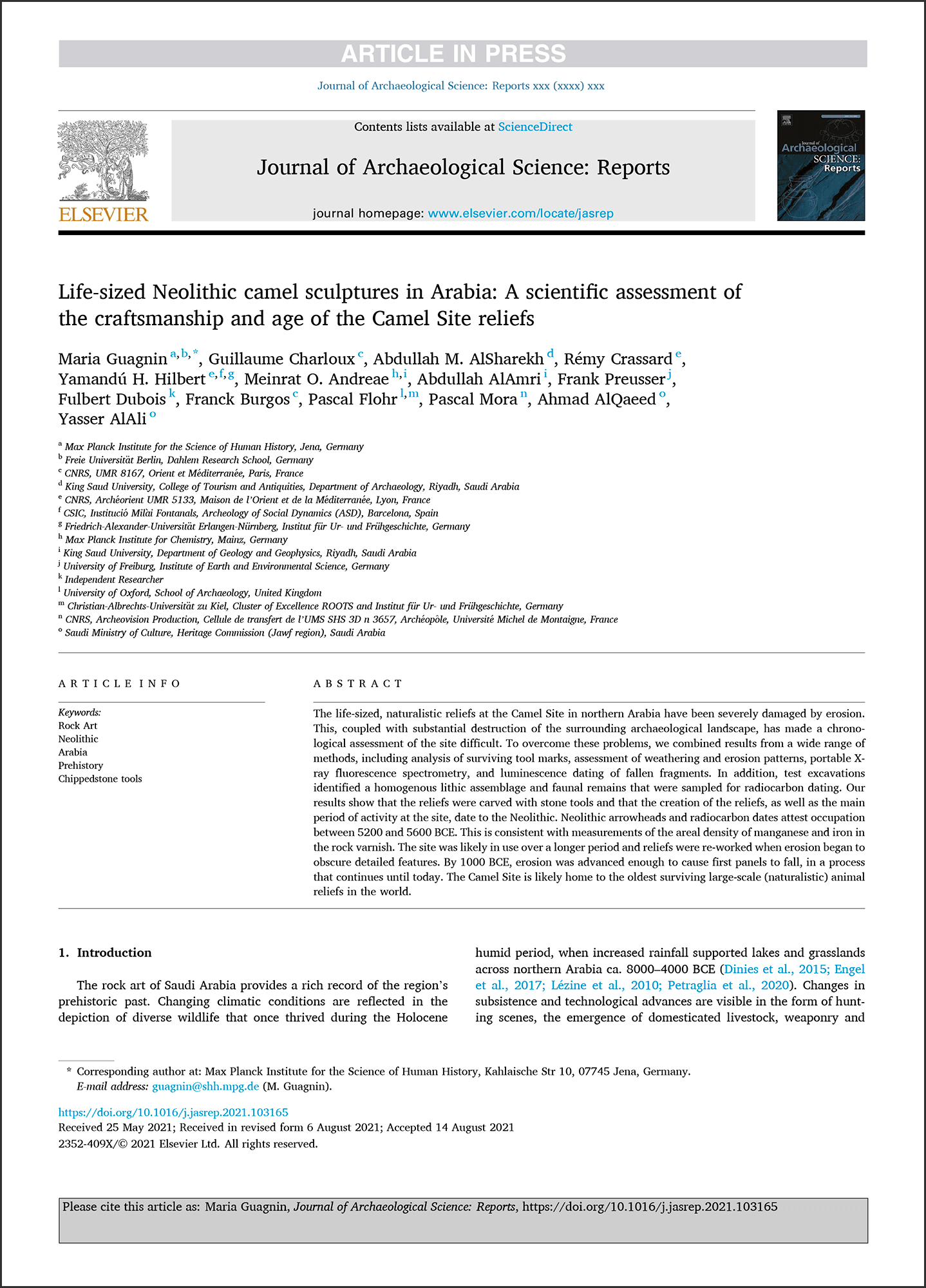 Life-sized Neolithic camel sculptures in Arabia: A scientific assessment of the craftsmanship and age of the Camel Site reliefs