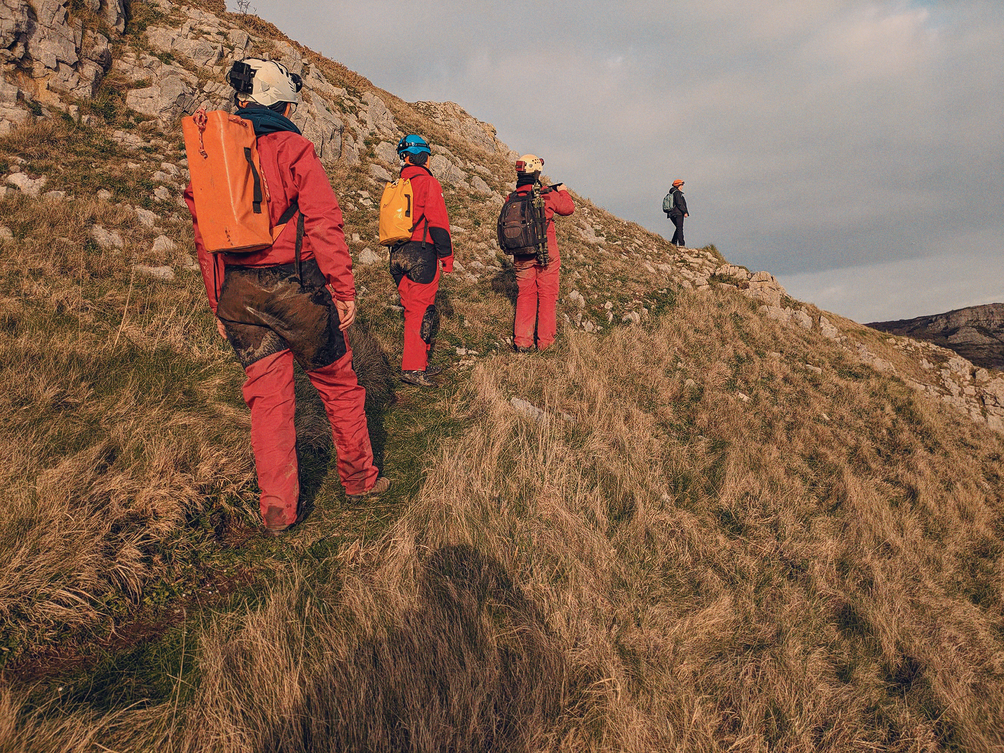 Research team approaching the entrance to Bacon Hole