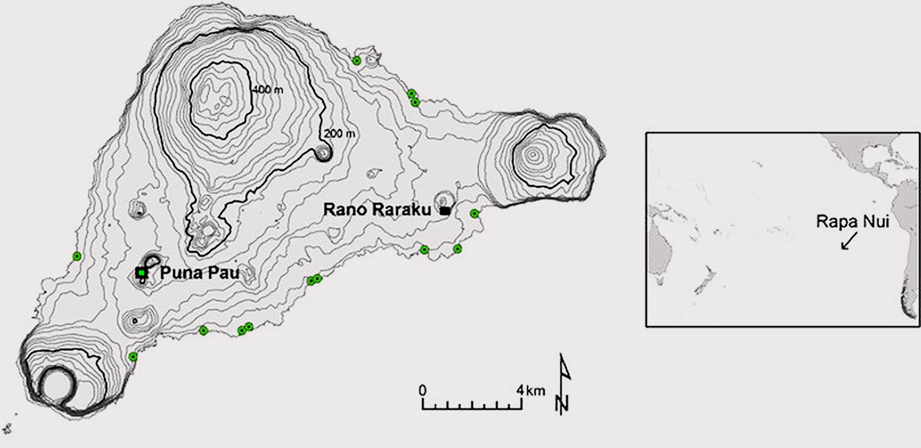 Map of Easter Island, including the locations of pukao (green) and the two quarries – Puna Pau, where the red scoria for the hats came from, and Rano Raraku, where the volcanic tuff for the statues was sourced