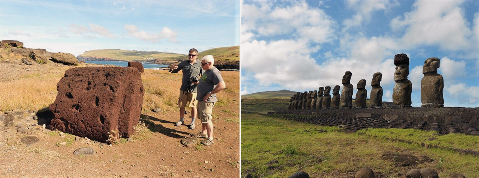 Study authors Carl Lipo (left) and Terry Hunt (right) examining a pukao on the ground. A row of moai statues on Easter Island, one with a pukao