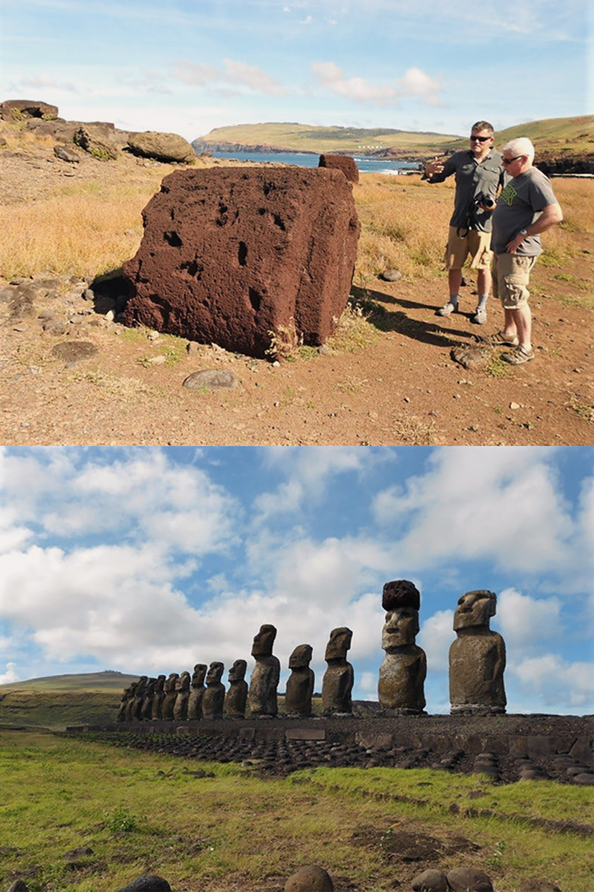Study authors Carl Lipo (left) and Terry Hunt (right) examining a pukao on the ground. A row of moai statues on Easter Island, one with a pukao