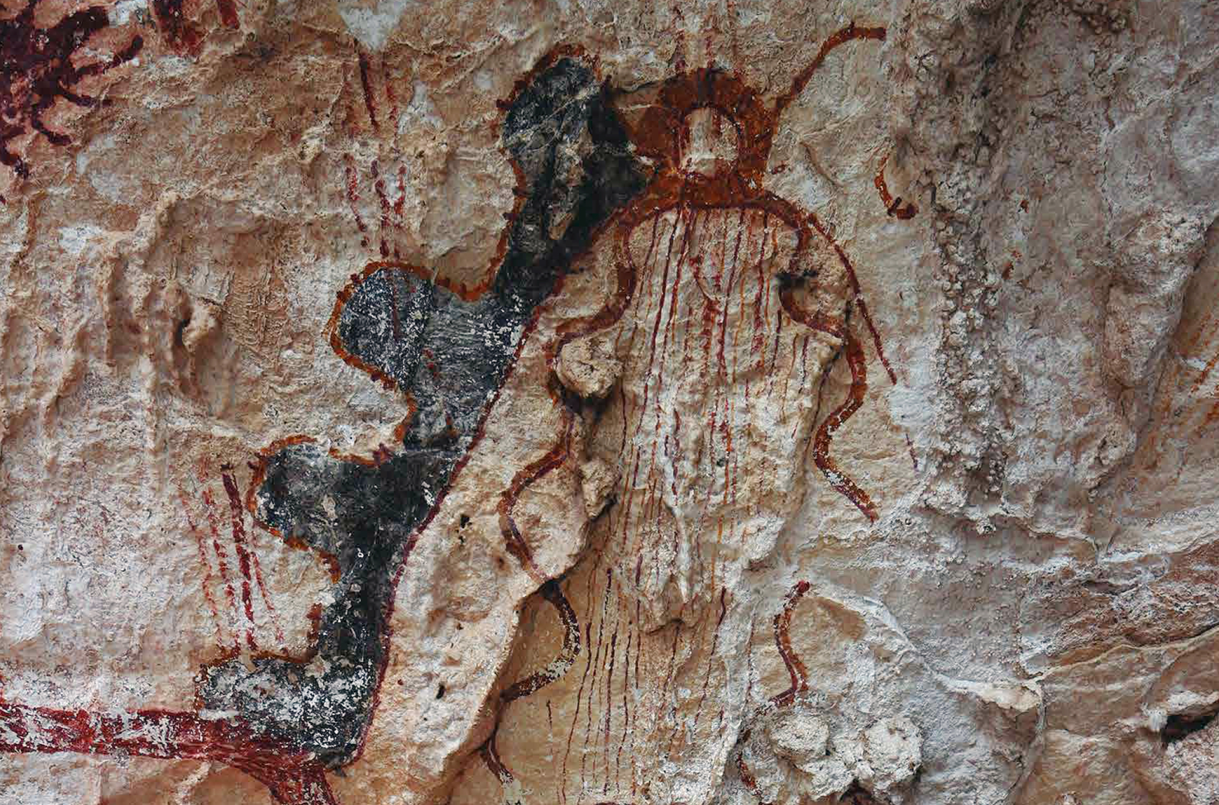 Serpentine arches with openings in the middle graphically represent the primordial birthplace. At Cedar Springs, the artist used color and line to show movement through the portal