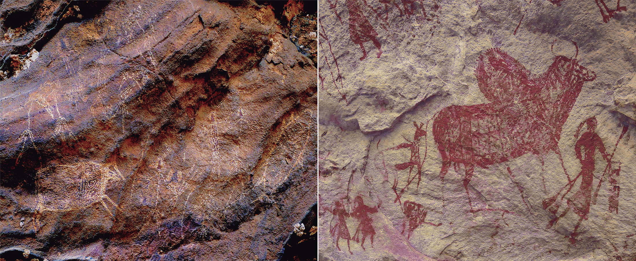 (Left) In the Mesolithic, humans and animals often had their bodies represented full of complex geometric motifs. (Right) Representation of a large humped bull with the inside of its body decorated.
