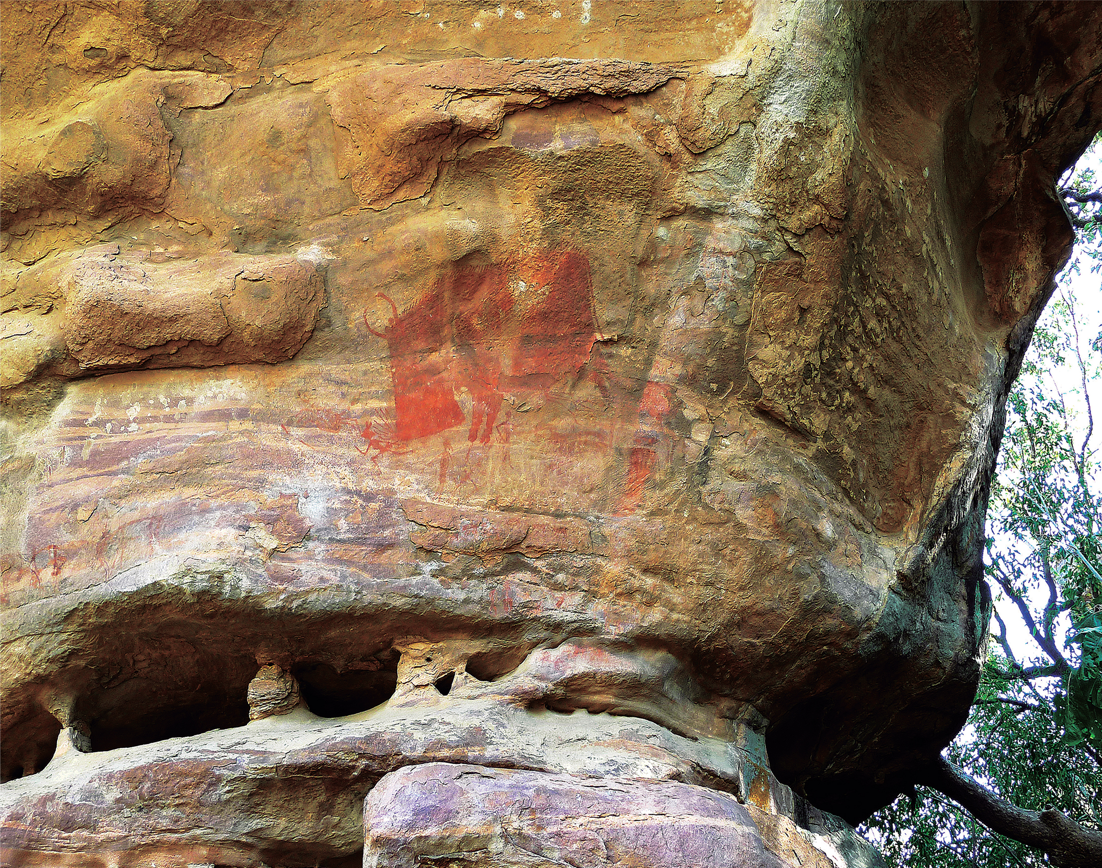 Representation of a mythical boar chasing a man running away