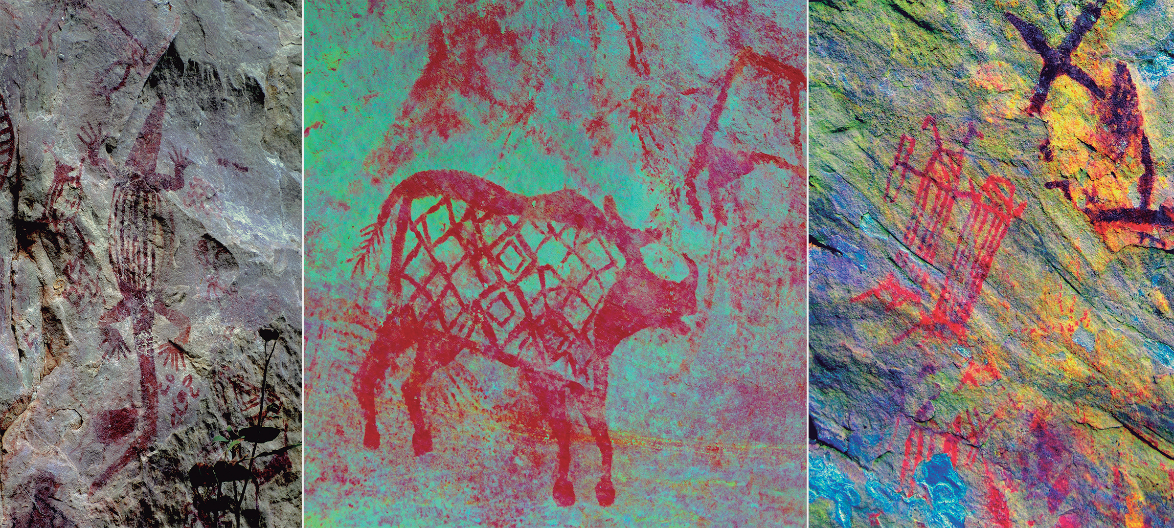 (left) Representation of a monitor lizard. (centre) Representation of a rhino. (right) Representation of two couples and hand stencil.