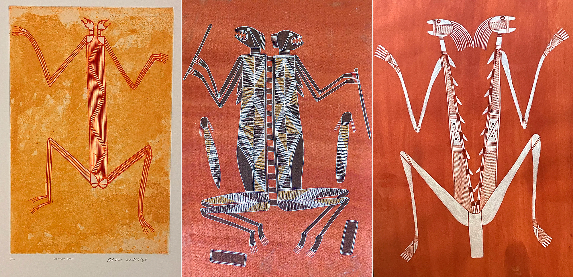 (left) Bruce Nabegyo's ‘Crippled Man’ back-to-back Ancestral Being. (center) Bruce Nabegeyo's ‘Crippled Woman’, Ngalgordo Ngalgordo. (right) Robert Namarnyilk's ‘Ancestor: Split Man, a Nakurrurndilhba or clever figure