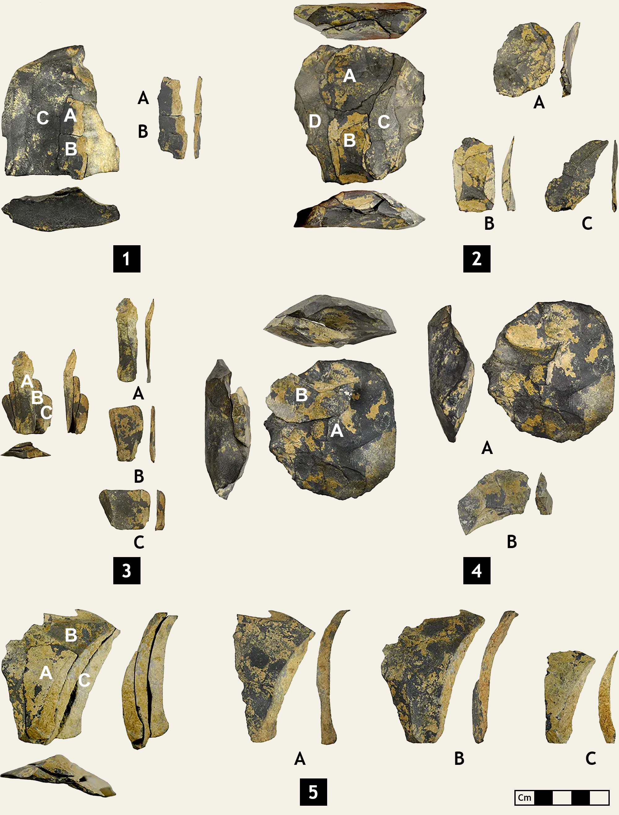 Examples of the refits that archaeologist Gunther Möller has put together from excavations at the Jojosi Donga of Stone Age knapping floors or workshops