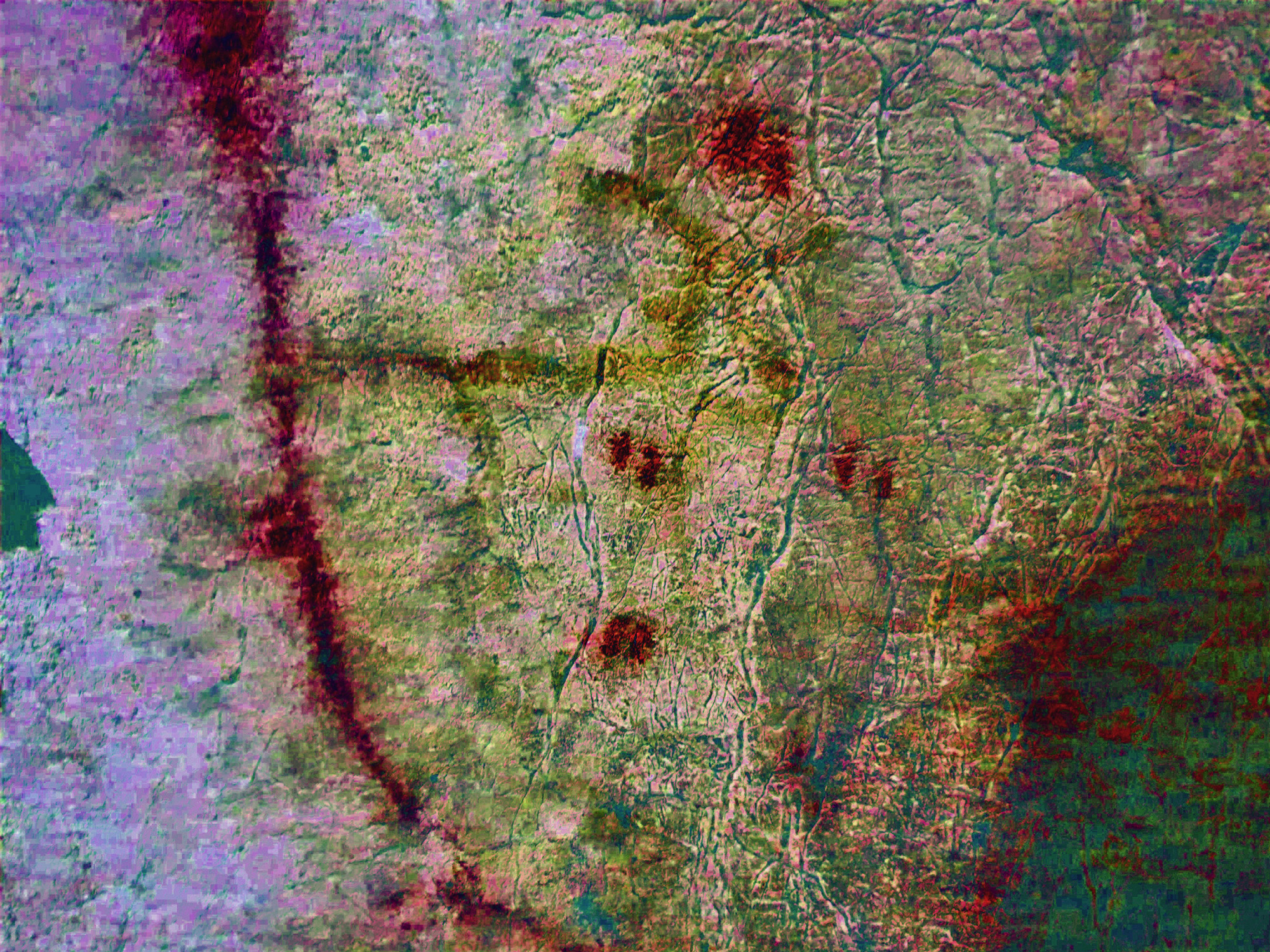 A selection of corrals within the Level 2 area, clearly show timber-posted enclosures with connected funnels, probably showing a different economic aspect to Upper Palaeolithic Europe.  The corral with the yellow painted cervid (centre) is on a stepped slope leading to Level 3